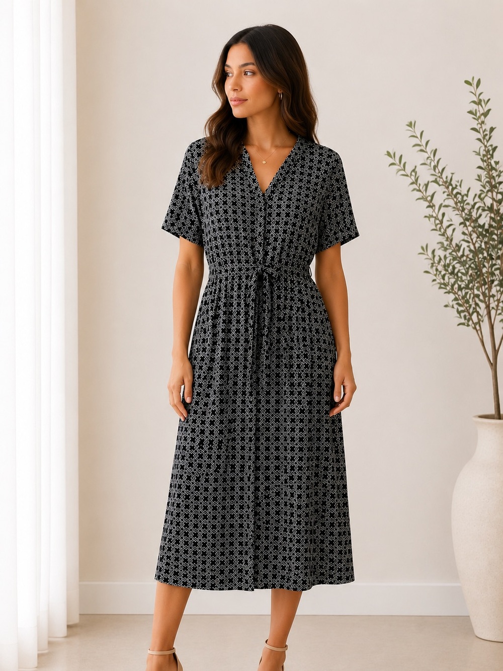 Jaclyn Smith Black White Geometric Midi Dress Large Tie Waist